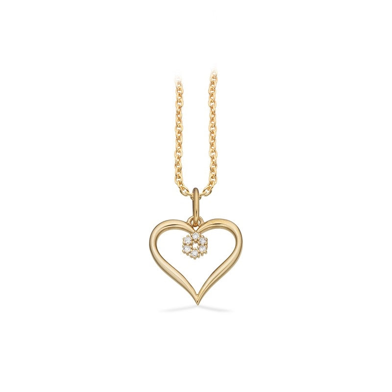 Hjertevedhæng i 8 kt guld med 0,03 ct diamanter og forgyldt sølvkæde fra Scrouples.